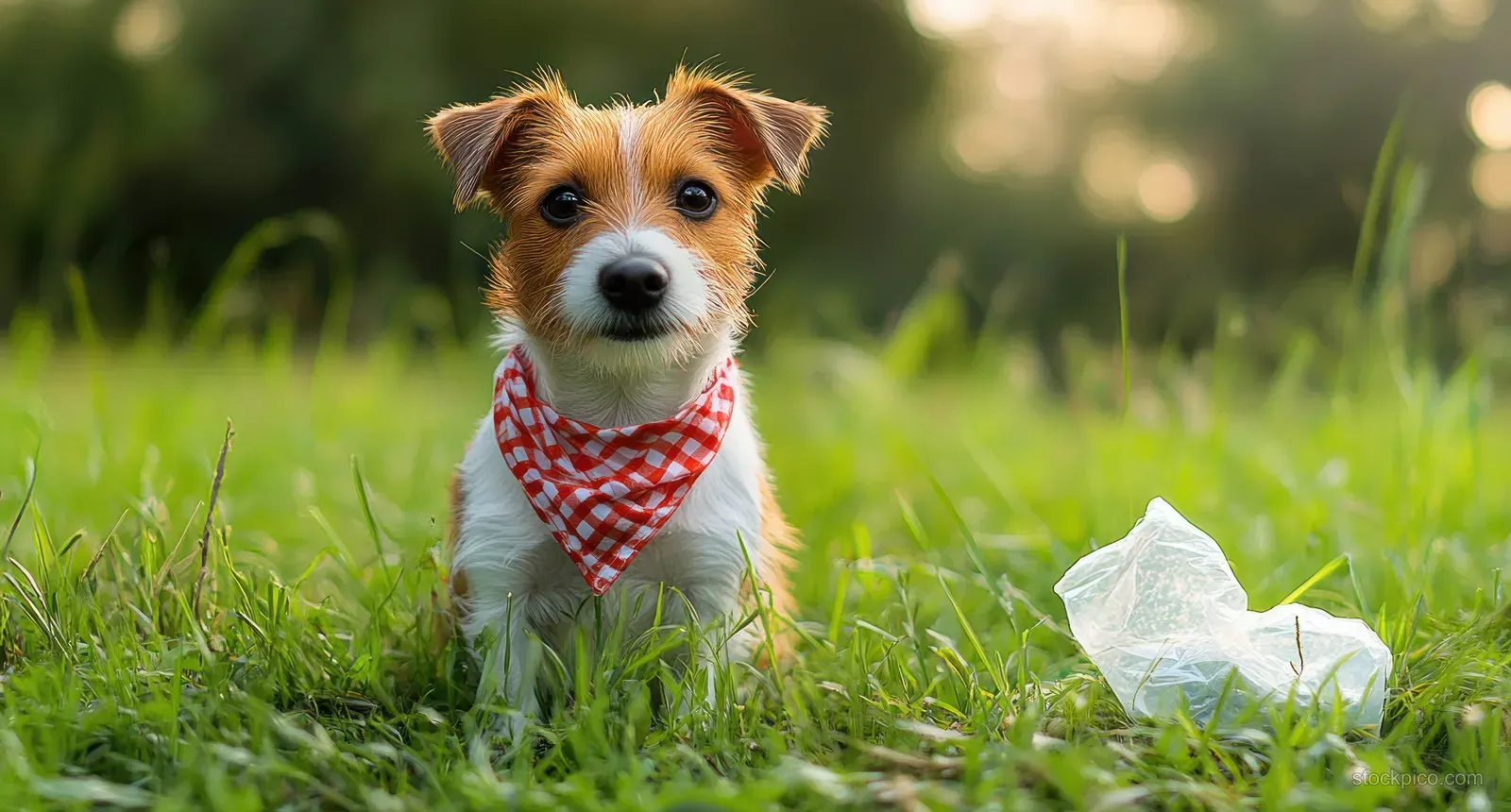 Small dog wearing a red checkered bandana sits on green grass beside crumpled white plastic in warm sunlight.