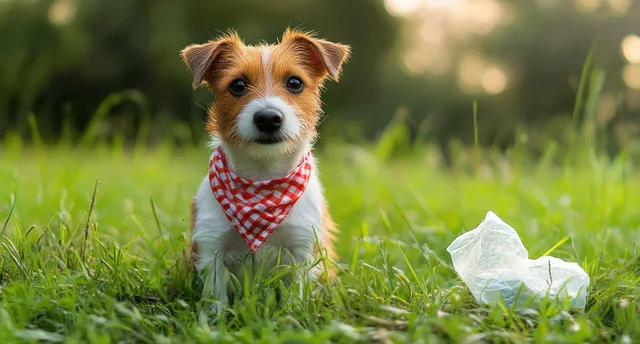 Small dog wearing a red checkered bandana sits on green grass beside crumpled white plastic in warm sunlight.