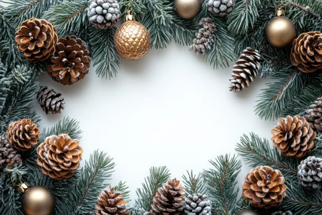 Minimal pine branch wreath border with pine cones and gold ornaments surrounding a blank white center.