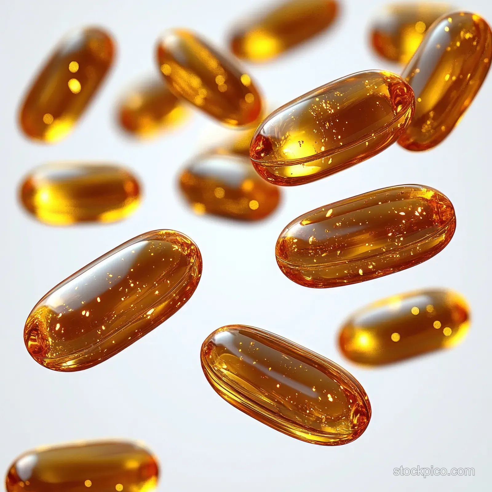 Amber softgel capsules floating against a white background, with visible bubbles inside and glossy reflections.