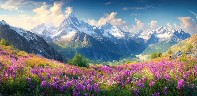 Purple and white wildflowers cover a green mountain meadow with snow-capped peaks in the distance under a blue sky.
