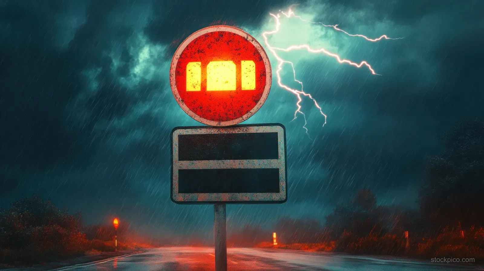 Red stoplight sign on a dark road under lightning, creating a protest-themed political warning graphic.