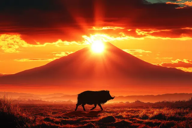 A wild boar silhouette walks in a grassy field with Mount Fuji behind a bright orange sunset.