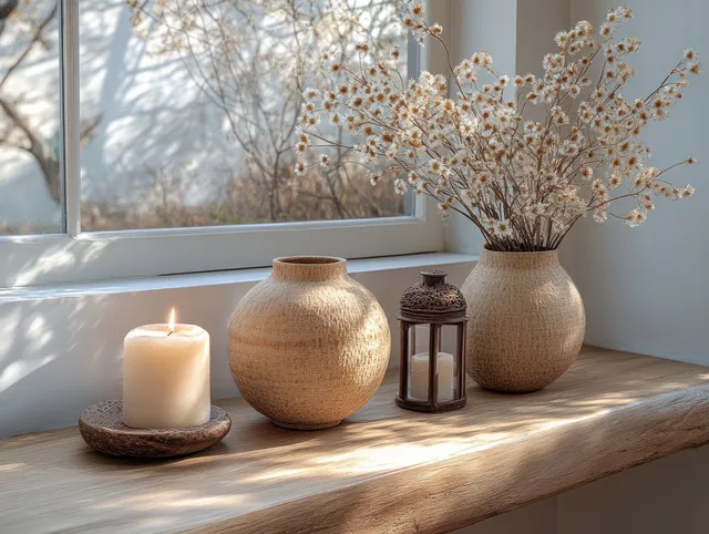 Lit candle, textured ceramic vase, and wicker lantern rest on a sunlit wooden shelf beside delicate blossoms.