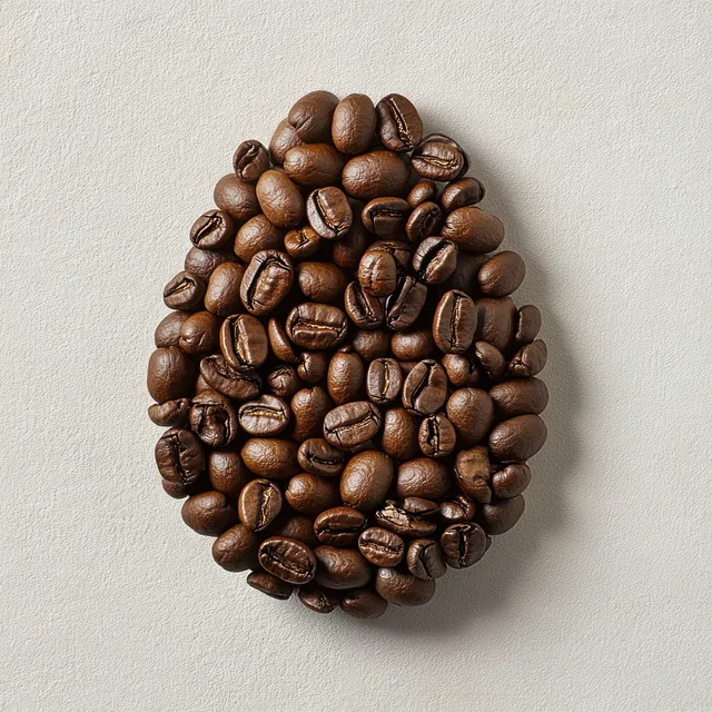 Medium-roast coffee beans arranged in an oval pile on a light textured surface.