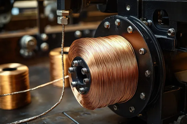 Copper wire tightly wound on an industrial spool with coil-winding machine details