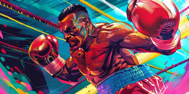 A heavyweight boxer throws a punch in a vibrant comic fight scene with motion lines and boxing ring ropes.