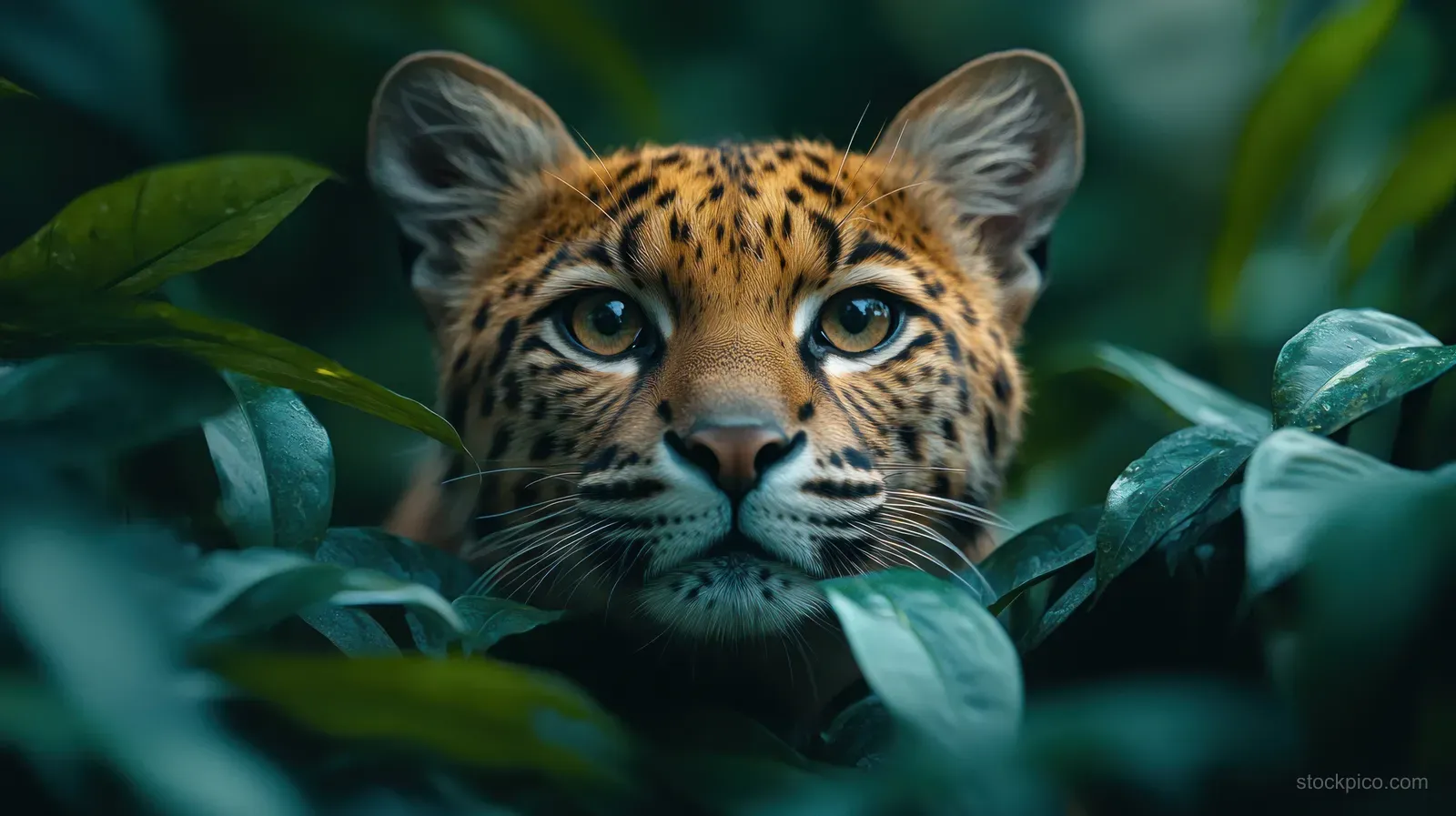 A camouflaged civet cat peeks through green coffee leaves in a lush tropical habitat.