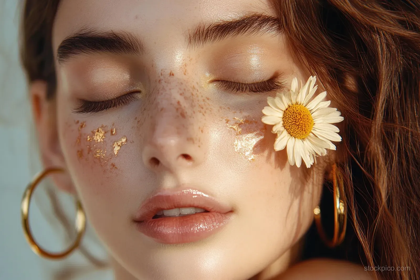 Close-up of a young woman with closed eyes, gold leaf on her cheeks, glossy lips, a daisy behind her ear, and gold hoop earrings.