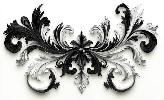 Elegant Baroque Floral Scrollwork Ornament in Black and White