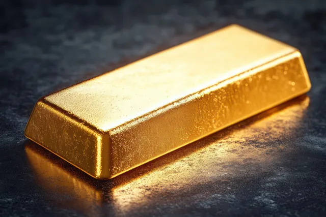 A single shiny gold bar rests on a dark reflective surface with warm light emphasizing its textured edges.