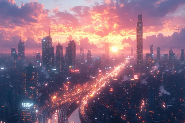 Bangkok skyline at dusk with glowing traffic on elevated highway between skyscrapers