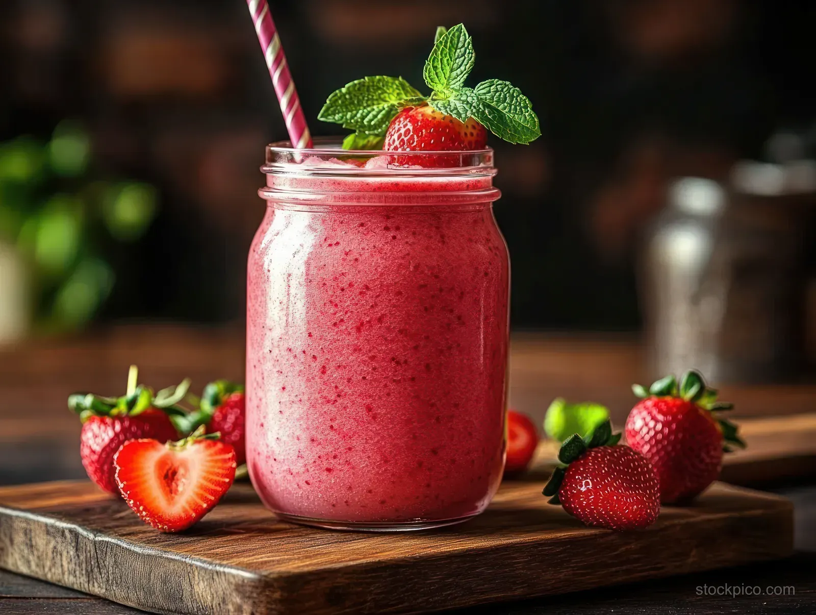 Strawberry smoothie in a jar with a striped straw, mint leaves, and a whole strawberry on a wooden cutting board.