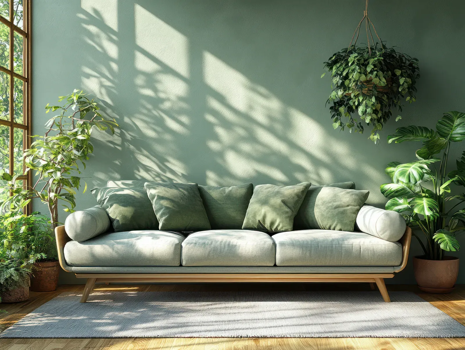 Grey sofa in a sunlit minimalist living room with simple pine greenery, woven baskets, and neutral cushions.