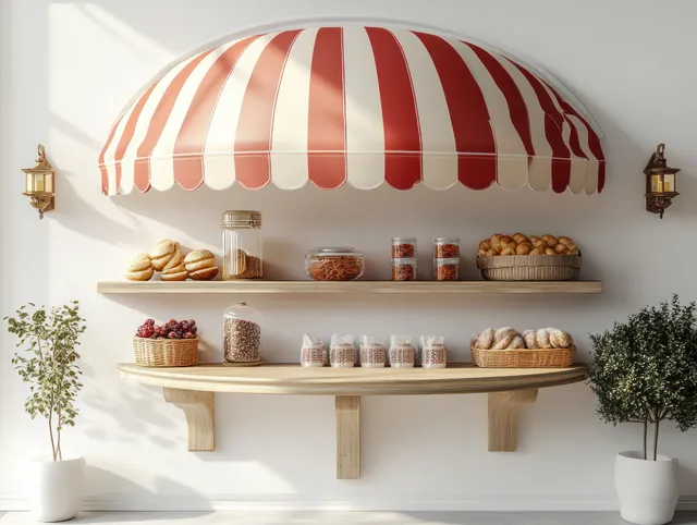 Red and white striped awning covers a shelf displaying jars of snacks under small wall lamps on a clean wall.