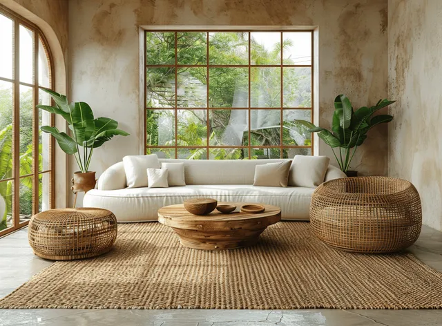 Curved white sofa and rattan armchairs sit on a rug in a sunlit living room with big arched windows and plants.
