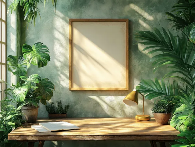 Sunlit desk beside potted green plants with a brass lamp and a framed picture on the wall.