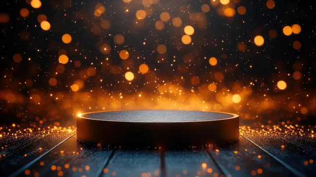 Gold award podium on dark stage with spotlight rays and glittering bokeh lights with Luxury Event Design