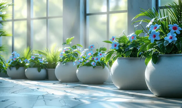 Bright modern office lobby with potted plants and sunlight filtering through a large window, overlooking a blurred cityscape.