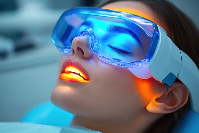 A woman reclines in a dental chair wearing blue protective goggles while orange teeth whitening light glows.