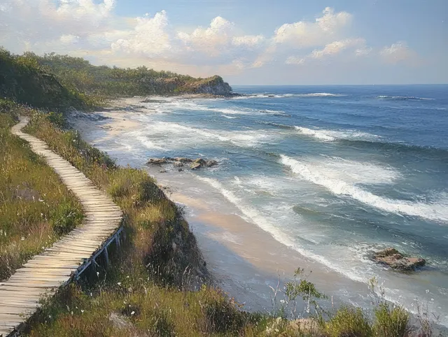 Aerial view of Drini Beach in Yogyakarta, showcasing its tropical shoreline, ocean waves, and rugged rocks under a cloudy sky.