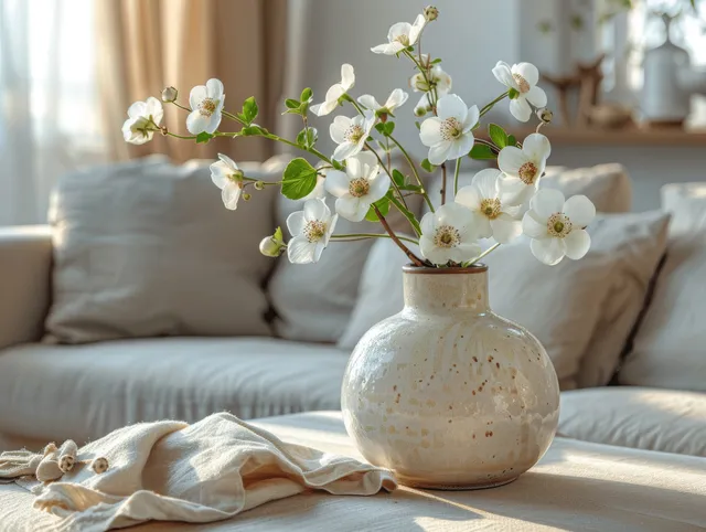 A beige ceramic vase with white blossoms rests on a coffee table beside a beige sofa in soft sunlight.