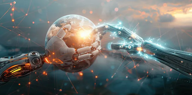 Futuristic robot hand touches glowing planet with network data threads at dusk