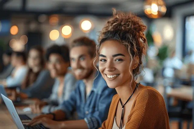 Smiling young woman working with laptop in warm office with coworkers blurred behind