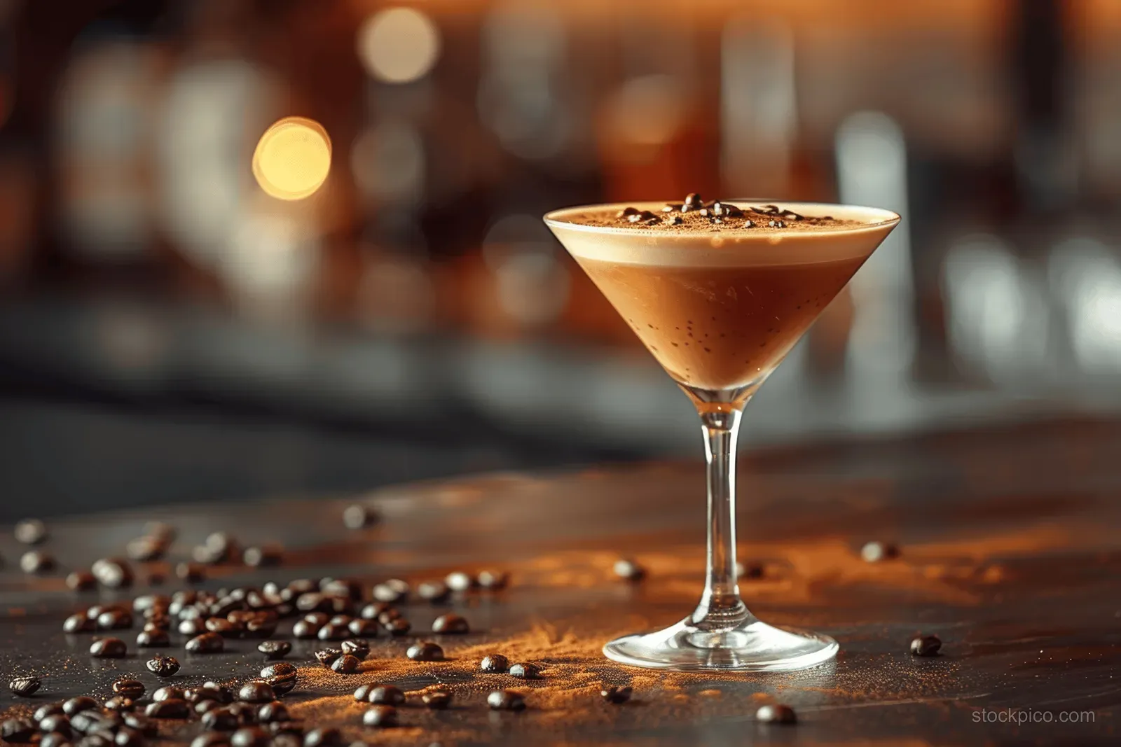 Espresso martini cocktail in a stemmed glass with scattered coffee beans on a wooden bar counter.