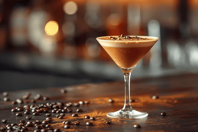 Espresso martini cocktail garnished with coffee beans on bar counter, warm amber lighting