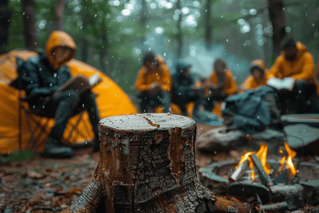Young people read Bibles and talk around a campfire in a rainy forest campsite.