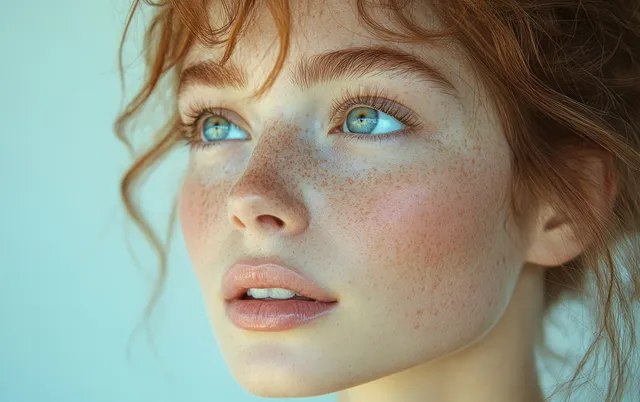 Redhead woman applying moisturizer to her face with freckles visible under soft blue studio light.