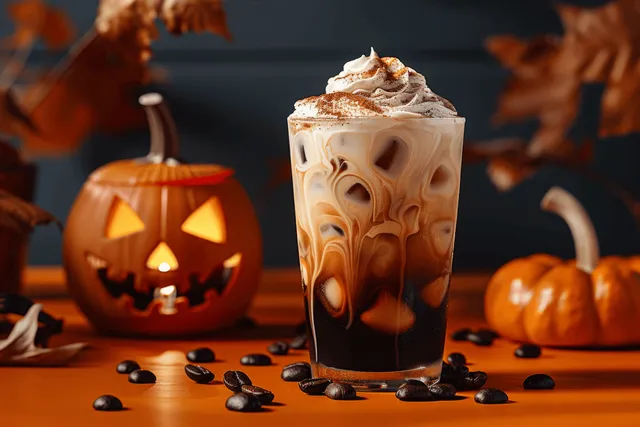 Iced pumpkin cream cold brew latte in a glass beside jack-o-lanterns and coffee beans on an orange Halloween table.