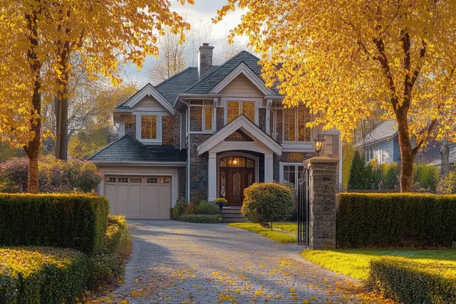A two-story suburban house exterior with stone and beige siding, lit windows, and golden autumn leaves around a driveway.