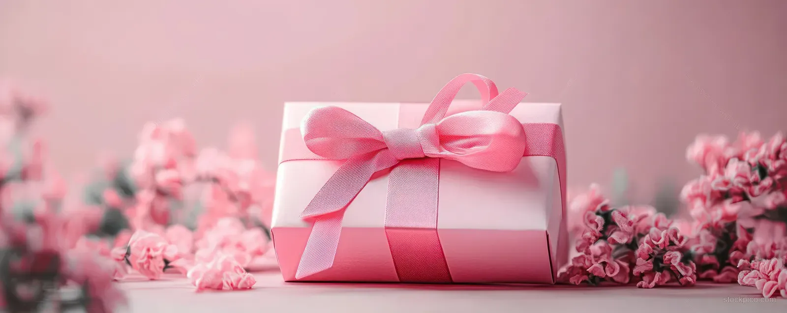 Pink gift box with a satin ribbon bow resting on pink flowers with soft, diffused background light.