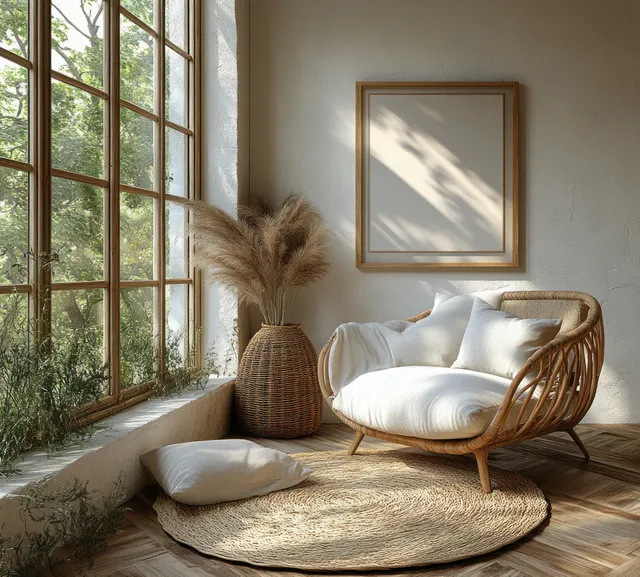 A blank framed poster hangs above a rattan chair in a Scandinavian living room with warm sunlight and plants by the window.