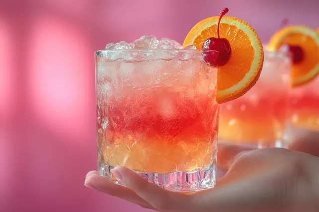 Retro hand holding a sparkling orange cocktail with cherry and ice, warm gradient backdrop