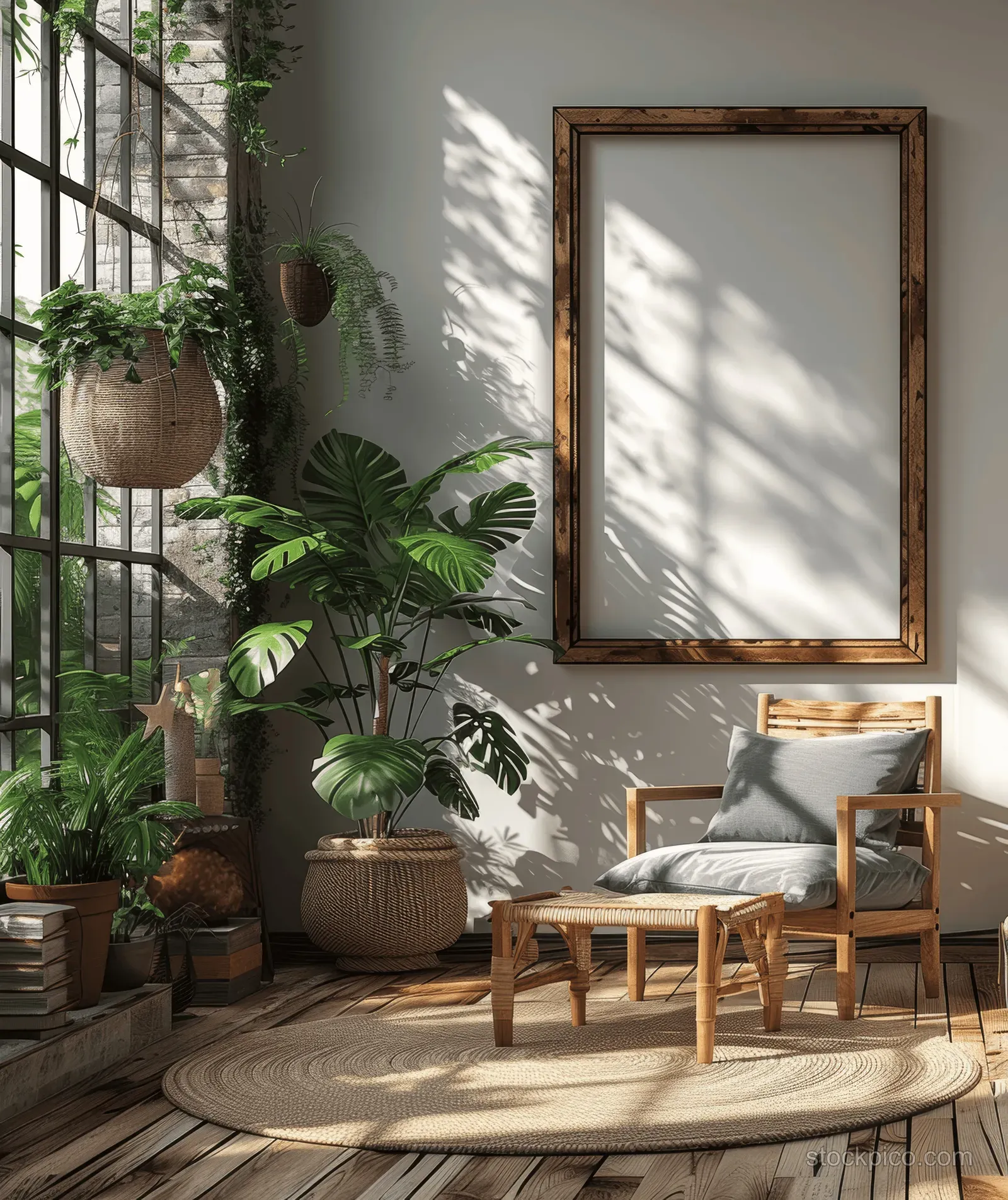 Vertical wooden picture frame mockup on a white wall with window sun shadows over a living room floor and plants.
