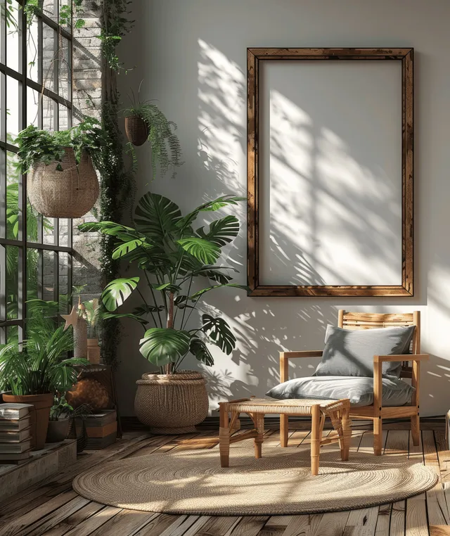Minimalist vertical wooden picture frame on white wall, sunlit shadows in modern living room