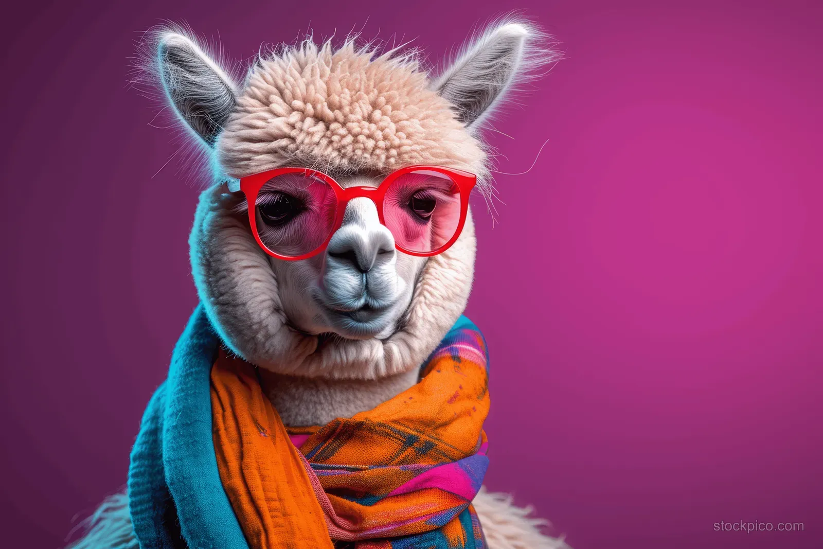 An alpaca wearing red glasses and a colorful scarf looks toward the camera against a purple studio background.