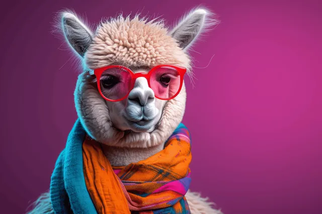 Alpaca portrait wearing red glasses and colorful scarf against a purple studio background