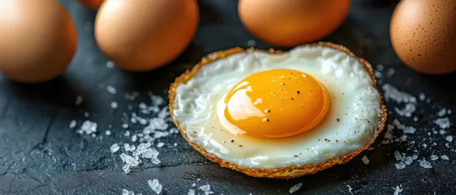 Close-up fried egg with runny yolk, peppered crispy edges, raw eggs on dark slate