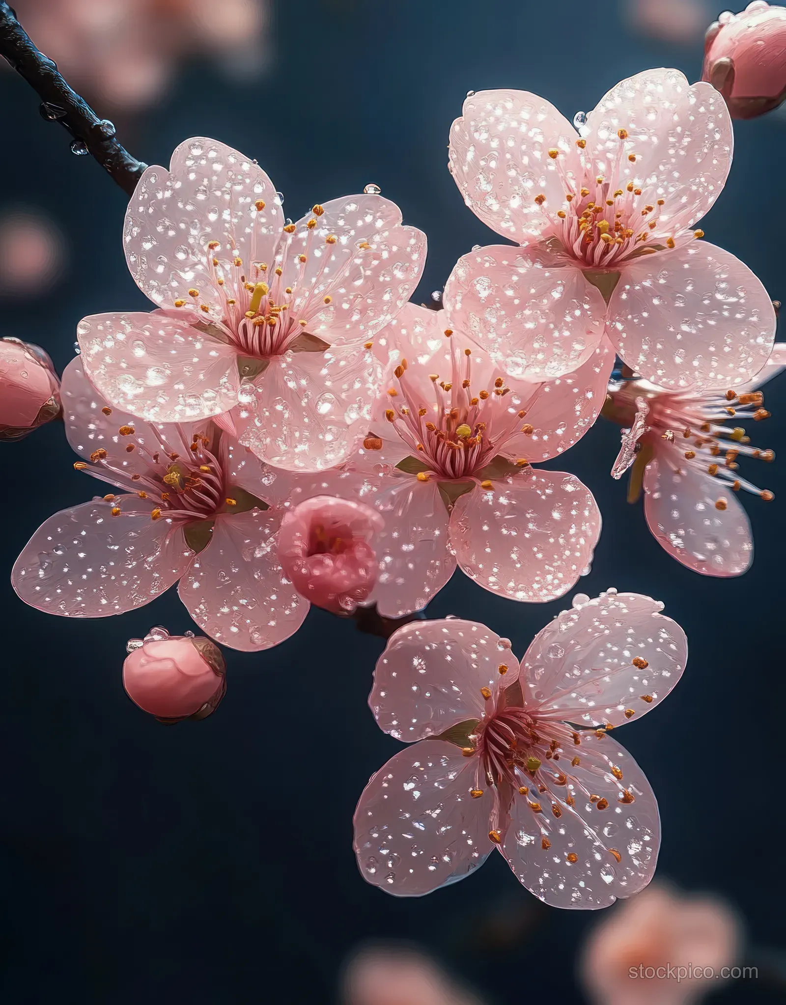 Pink cherry blossoms with glistening water droplets on petals against a dark blurred background.