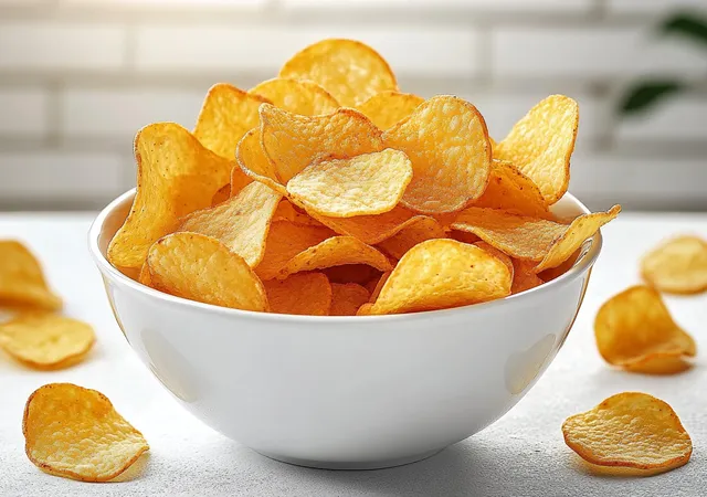 Close-up bowl of golden potato chips on white surface with scattered chips around