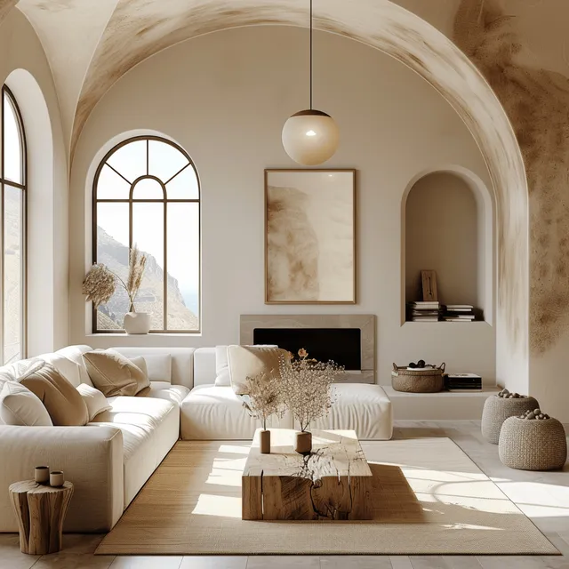 Minimalist living room with white sofa, arched windows, wood coffee table, and a fireplace in warm beige tones.