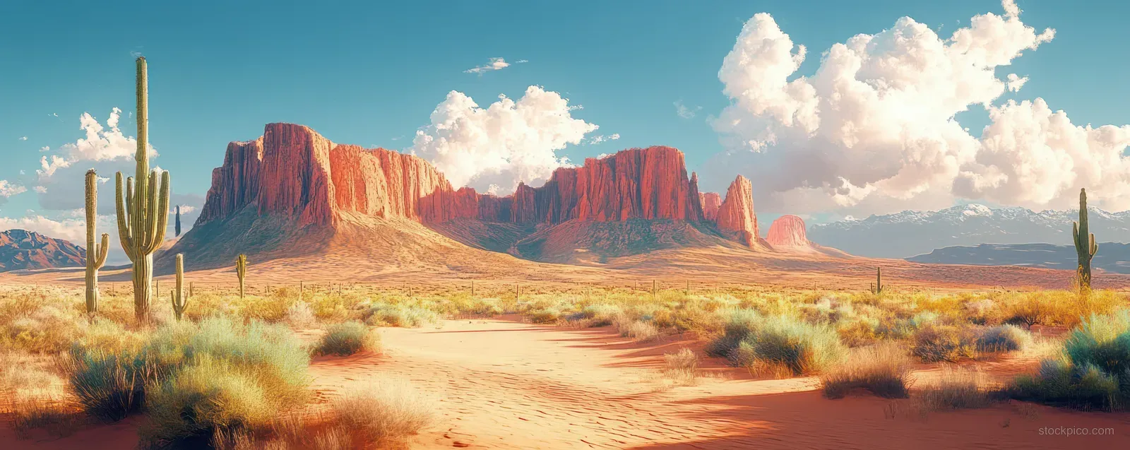 Cacti and wild grasses grow in a sandy Arizona desert while red rock mesas and clouds fill the golden-hour horizon.