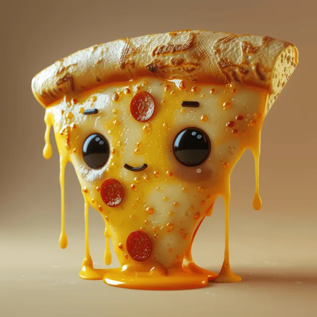 Cute 3D cartoon pizza slice character with pepperoni and gooey cheese drips on a warm background.