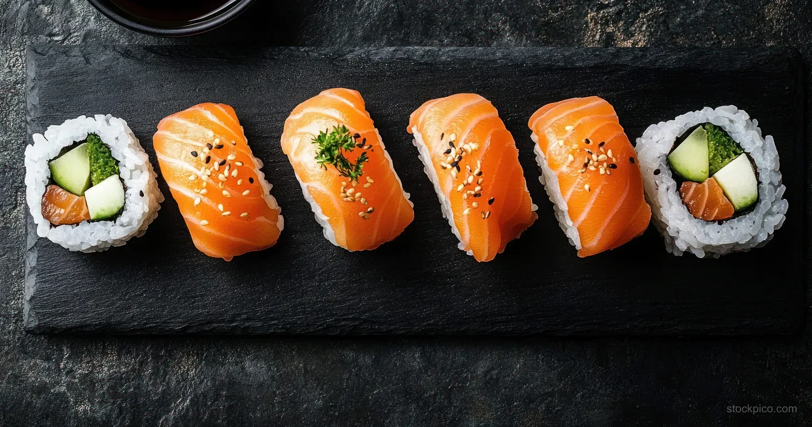 Salmon nigiri and maki rolls sit on a black slate platter with cucumber pieces and a nearby cup of soy sauce.