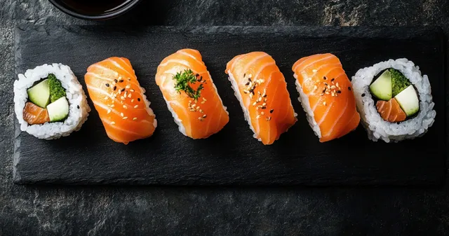 Salmon nigiri and maki rolls sit on a black slate platter with cucumber pieces and a nearby cup of soy sauce.