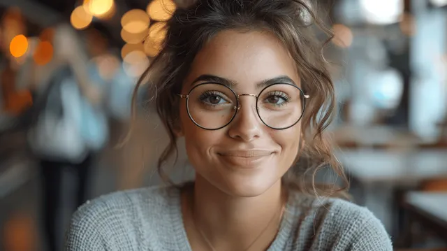 Smiling woman with glasses typing on laptop at cafe table with warm bokeh lights with Technology And Productivity